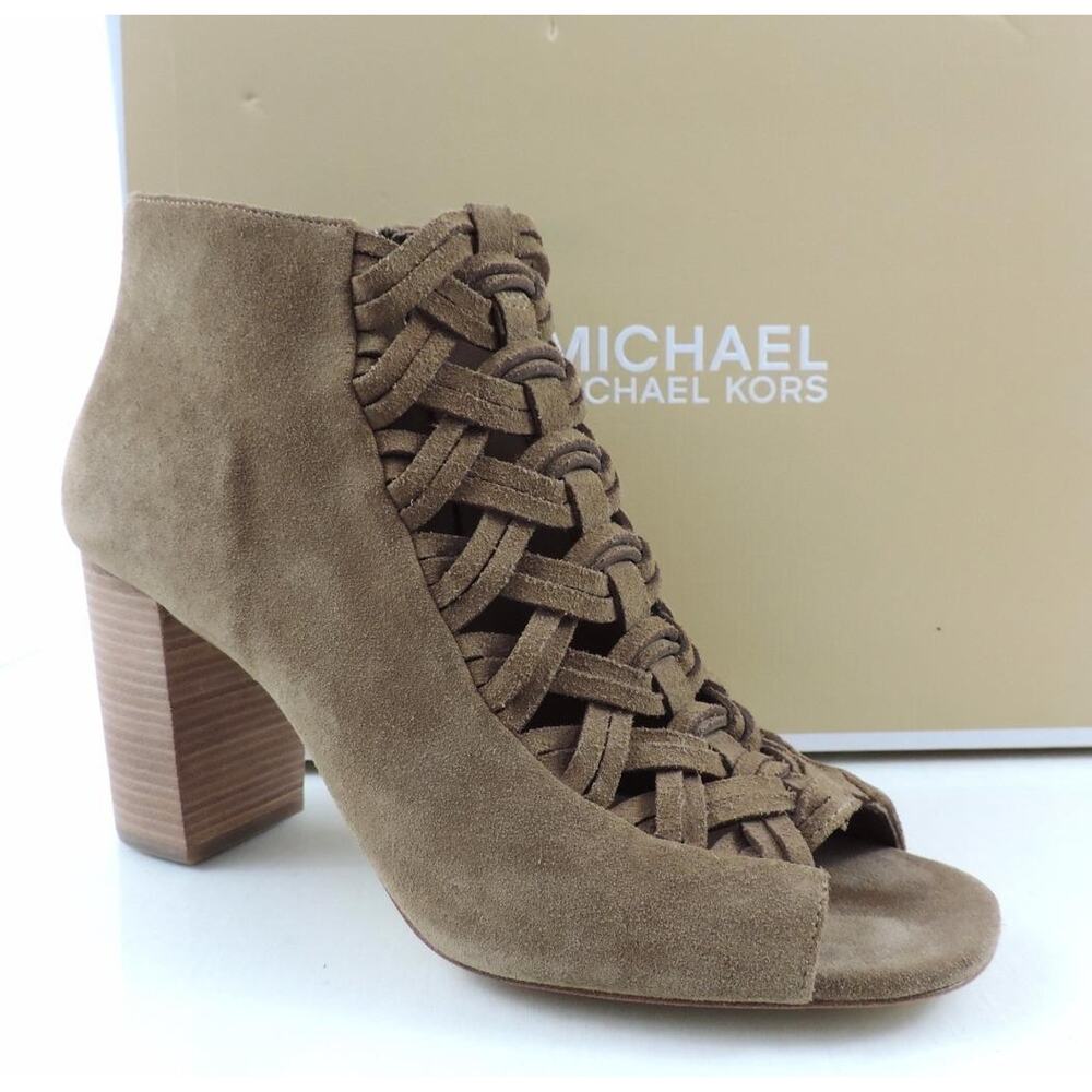 Michael Kors Westley Bootie Sandals Woven Open Toe Zip Suede Desert Brown Size 9